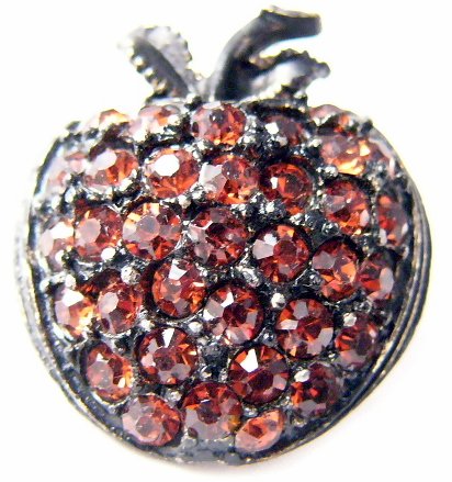 Retro orange red rhinestones apple black metal pin brooch