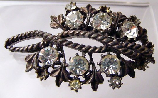 Vintage Coro Potmetal Rhinestone Pin TLC entwined flowers
