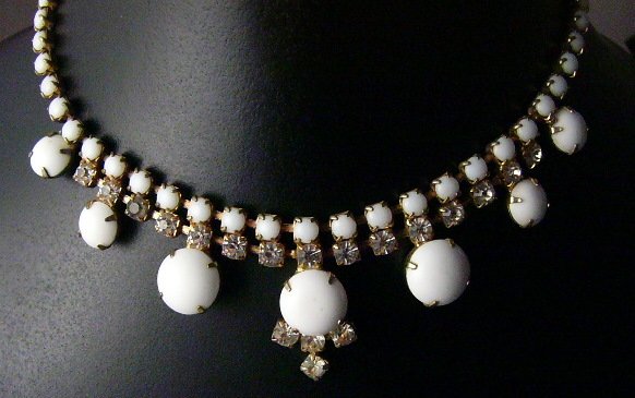 Vintage White Milk Glass Rhinstone Fringe choker