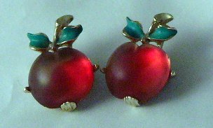 Two 2 Vintage red Cherry Apple Glass Pin brooch enamel