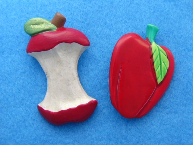 2 juicy red apple pins Full & eaten Unsigned