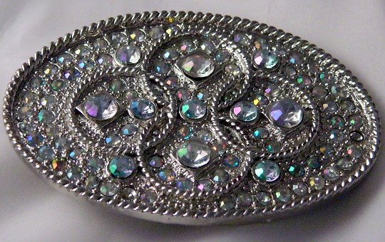 Rhinestone STudded Belt Buckle Oval Silvertone Glitz Glam