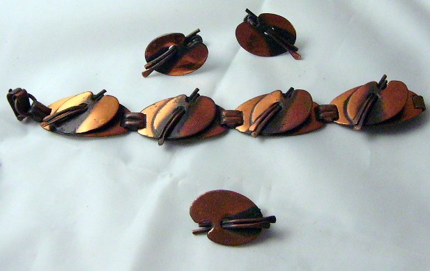 Copper Parure Link Bracelet Pin Palette earrings unsigned