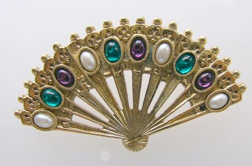 Goldtone open fan Pin Colorful cabechons