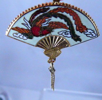 Vintage oldstock Fan with Bird Cloisonne Pendant