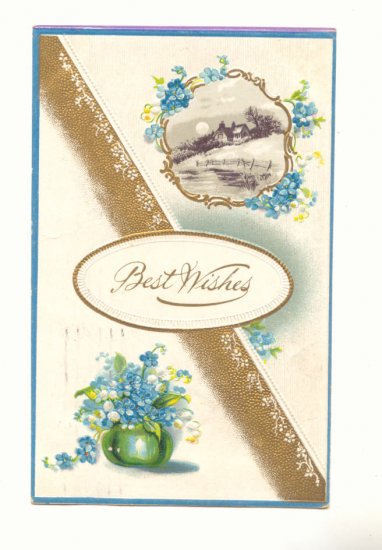 BEST WISHES POT OF FLOWERS MOONLIT SCENE VINTAGE 1912 POSTCARD #170