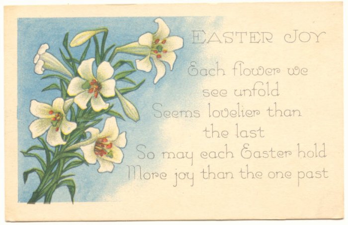 EASTER JOY, LILIES, VERSE VINTAGE POSTCARD ANTIQUE 19
