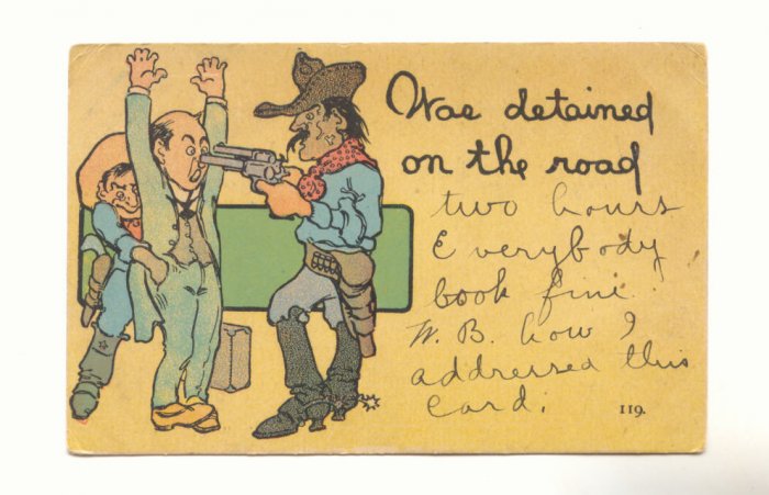WAS DETAINED, COWBOYS ROBBING BUSINESS MAN,Vintage Comic POSTCARD 37