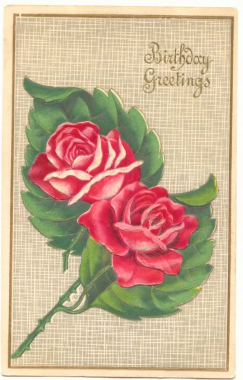 BIRTHDAY GREETINGS, TWO RED ROSES VINTAGE POSTCARD 39