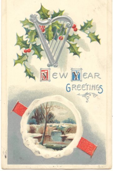 NEW YEAR GREETING, HOLLY, HARP, SCENE VINTAGE POSTCARD 87