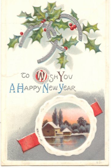 NEW YEAR, HORSESHOES, WINTER SCENE VINTAGE POSTCARD 92