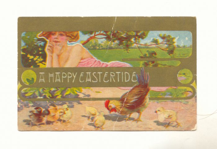 EASTERTIDE PRETTY LADY HEN CHICKS VINTAGE POSTCARD 115