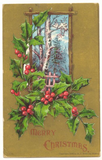 CHRISTMAS, VINTAGE POSTCARD, HOLLY, WINTER SCENE 119
