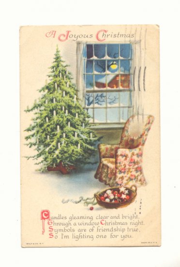 JOYOUS CHRISTMAS FIR TREE, CHAIR VERSE VINTAGE POSTCARD 124