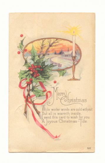 MERRY CHRISTMAS, HOLLY, CANDLELIGHT, SCENE POSTCARD 126