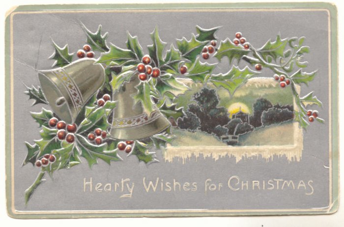 HEARTY WISHES, CHRISTMAS, SILVER BELLS, HOLLY POSTCARD 127
