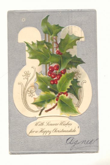 HAPPY CHRISTMASTIDE, VINTAGE 1905 POSTCARD, HOLLY, HARP 131