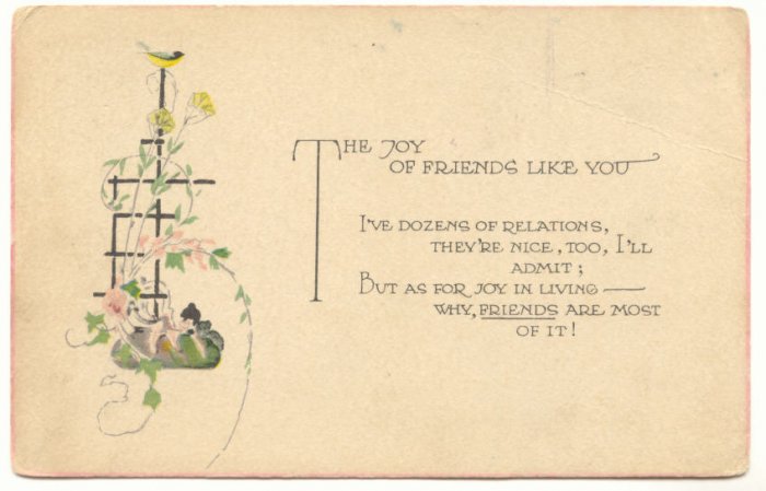 JOY OF FRIENDS LIKE YOU, BIRD TRELLIS FLOWERS POSTCARD 139