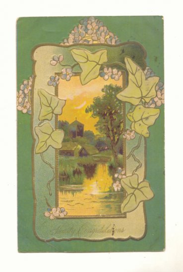 HEARTY CONGRATULATIONS, WATER SCENE, IVY, 1909 POSTCARD 141