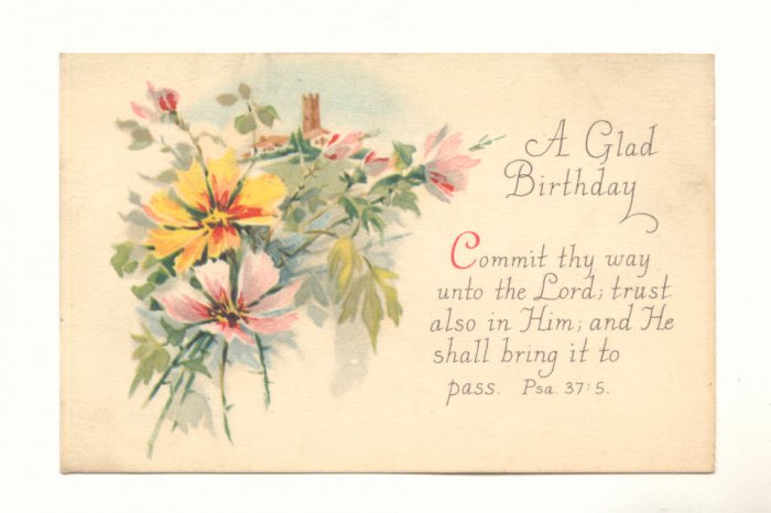A GLAD BIRTHDAY, VINTAGE POSTCARD, FLOWERS, VERSE 144