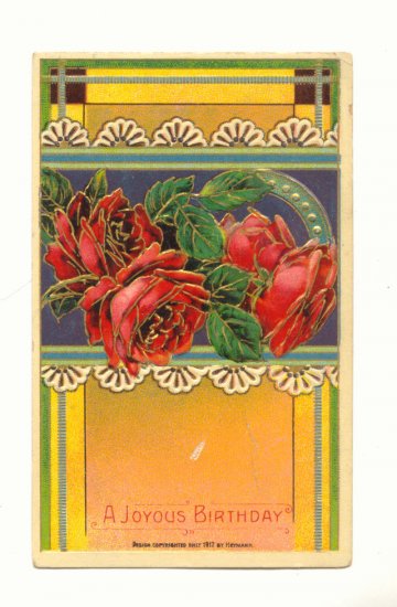 JOYOUS BIRTHDAY, RED ROSES, VINTAGE 1915 POSTCARD 150