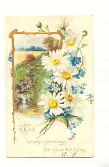 VINTAGE TUCKS BIRTHDAY POSTCARD, DAISIES, WATERFALL #155
