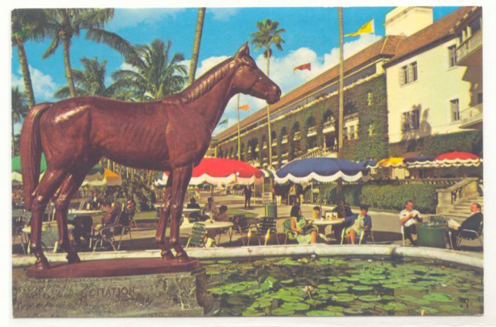BRONZE STATUE CITATION, HIALEAH RACE COURSE FLORIDA CHROME POSTCARD #180