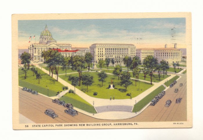 STATE CAPITOL PARK HARRISBURG PA. VINTAGE 1938 POSTCARD #187