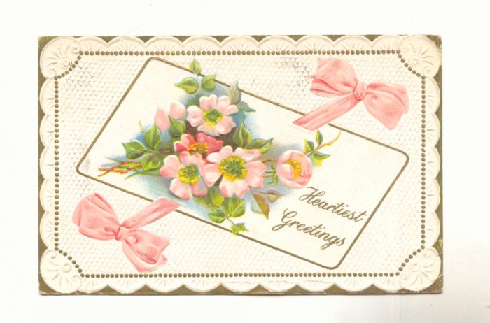 HEARTIEST GREETING, WILD ROSES, RIBBON VINTAGE POSTCARD #216