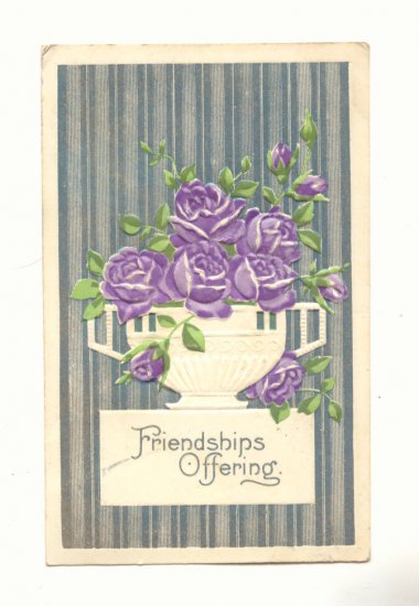 FRIENDSHIPS OFFERING, URN OF PURPLE ROSES POSTCARD 1911 #233