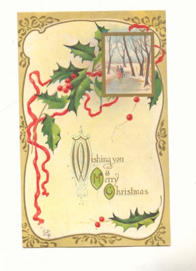 MERRY CHRISTMAS, ICE SKATING COUPLE, HOLLY POSTCARD #239