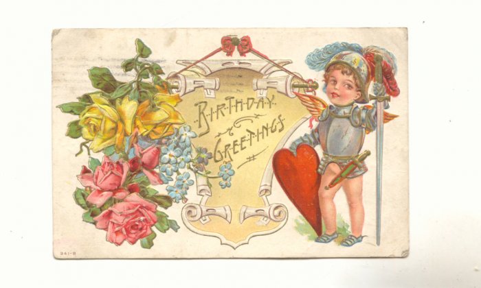BIRTHDAY, YOUNG BOY IN ARMOR, HEART, ROSES VINTAGE 1910 POSTCARD #242