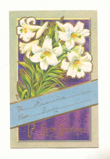 EASTER GREETING, EASTER LILIES, GOLD VINTAGE POSTCARD #249