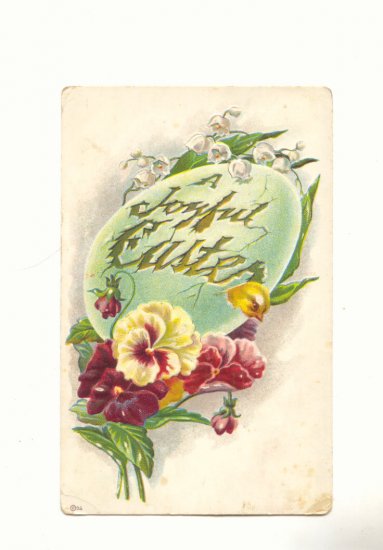 JOYFUL EASTER, LARGE EGG, PANSIES LILY OF THE VALLEY POSTCARD #250