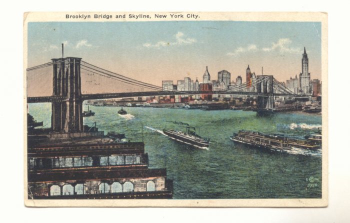 BROOKLYN BRIDGE AND SKYLINE, NEW YORK CITY 1918 POSTCARD #254