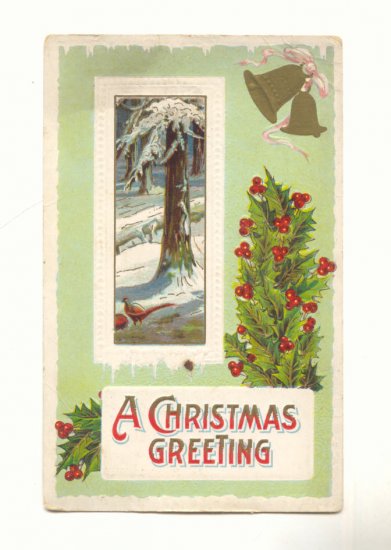 CHRISTMAS GREETING WINTER SCENE, PHEASANT, BELLS HOLLY POSTCARD #277