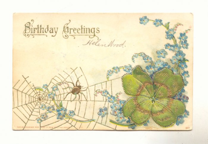 BIRTHDAY, SPIDER ON WEB, FORGET ME NOTS, CLOVER 1907 #280