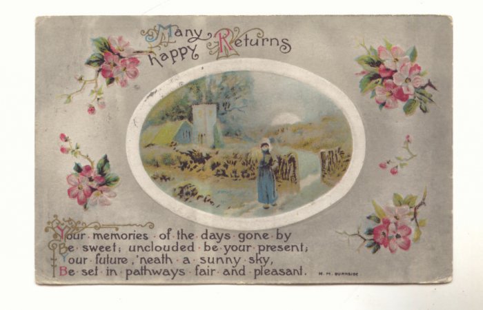MANY HAPPY RETURNS, COUNTRY SCENE VINTAGE 1919 POSTCARD #281