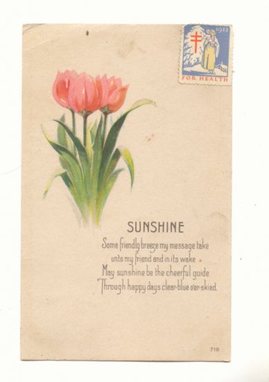 SUNSHINE, PINK TULIPS, VERSE, CHRISTMAS SEAL POSTCARD #283