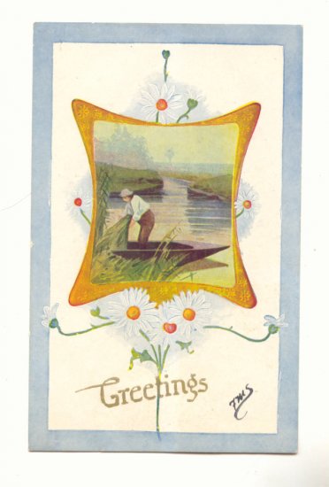 GREETINGS, MAN COLLECTING REEDS, DAISIES POSTCARD #284
