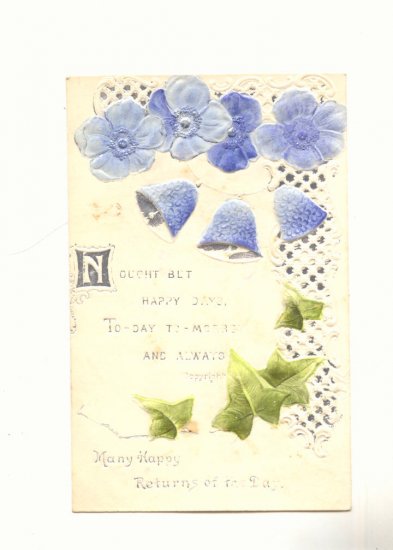 HAPPY RETURNS, BLUE POPPIES, BELLS, IVY, SILVER POSTCARD #288