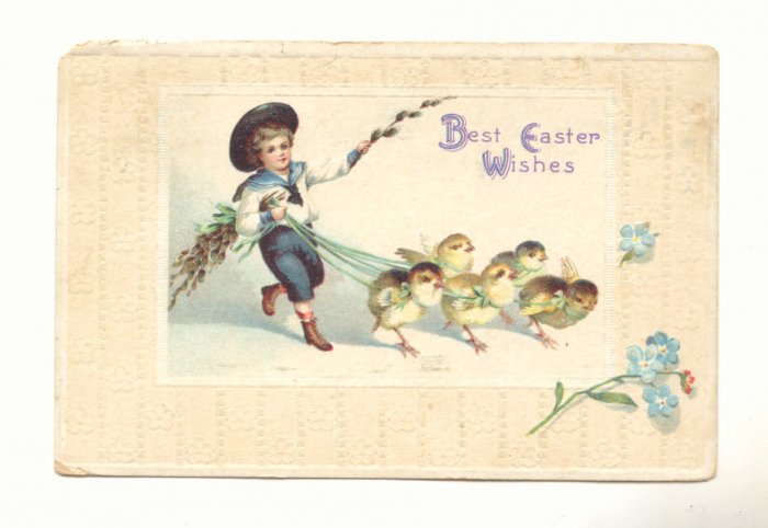 BEST EASTER WISH, BOY WALKING CHICKS, VINTAGE POSTCARD #294