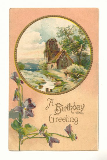 BIRTHDAY GREETING, COUNTRY CHURCH SCENE PANSIES #300