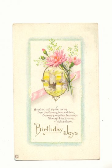 BIRTHDAY JOYS, SAILBOAT SCENE, PINK CARNATIONS VERSE #301