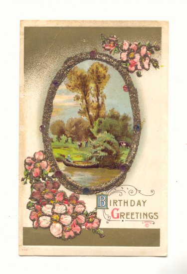 BIRTHDAY GREETINGS, PARK SCENE, FLOWERS, GLITTER POSTCARD #310
