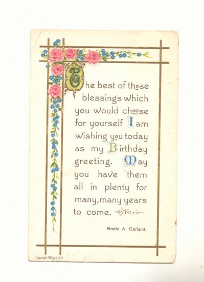 BIRTHDAY GREETING, VERSE, ROSES VINTAGE 1911 POSTCARD #311