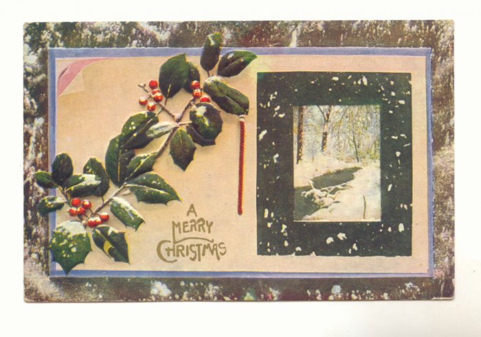 A MERRY CHRISTMAS, HOLLY, SNOW, STREAM SCENE POSTCARD #314