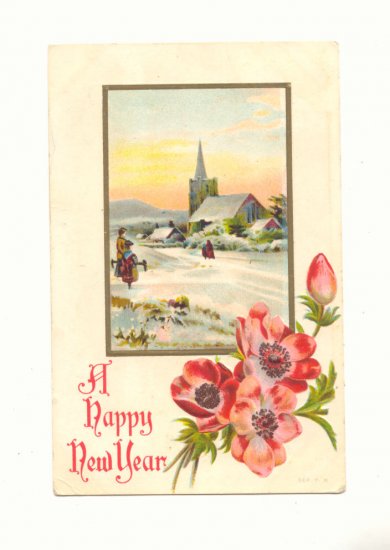 HAPPY NEW YEAR WINTER CHURCH SCENE PINK POPPIES 1909 VINTAGE POSTCARD #342
