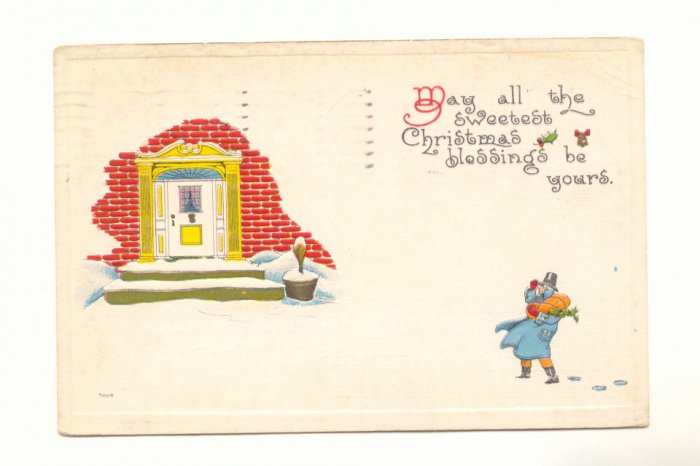 SWEETEST CHRISTMAS BLESSING, MAN WITH PACKAGES 1915 VINTAGE POSTCARD #350