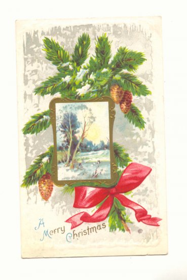 MERRY CHRISTMAS PINECONES RIBBON SCENE VINTAGE POSTCARD 1914 #353